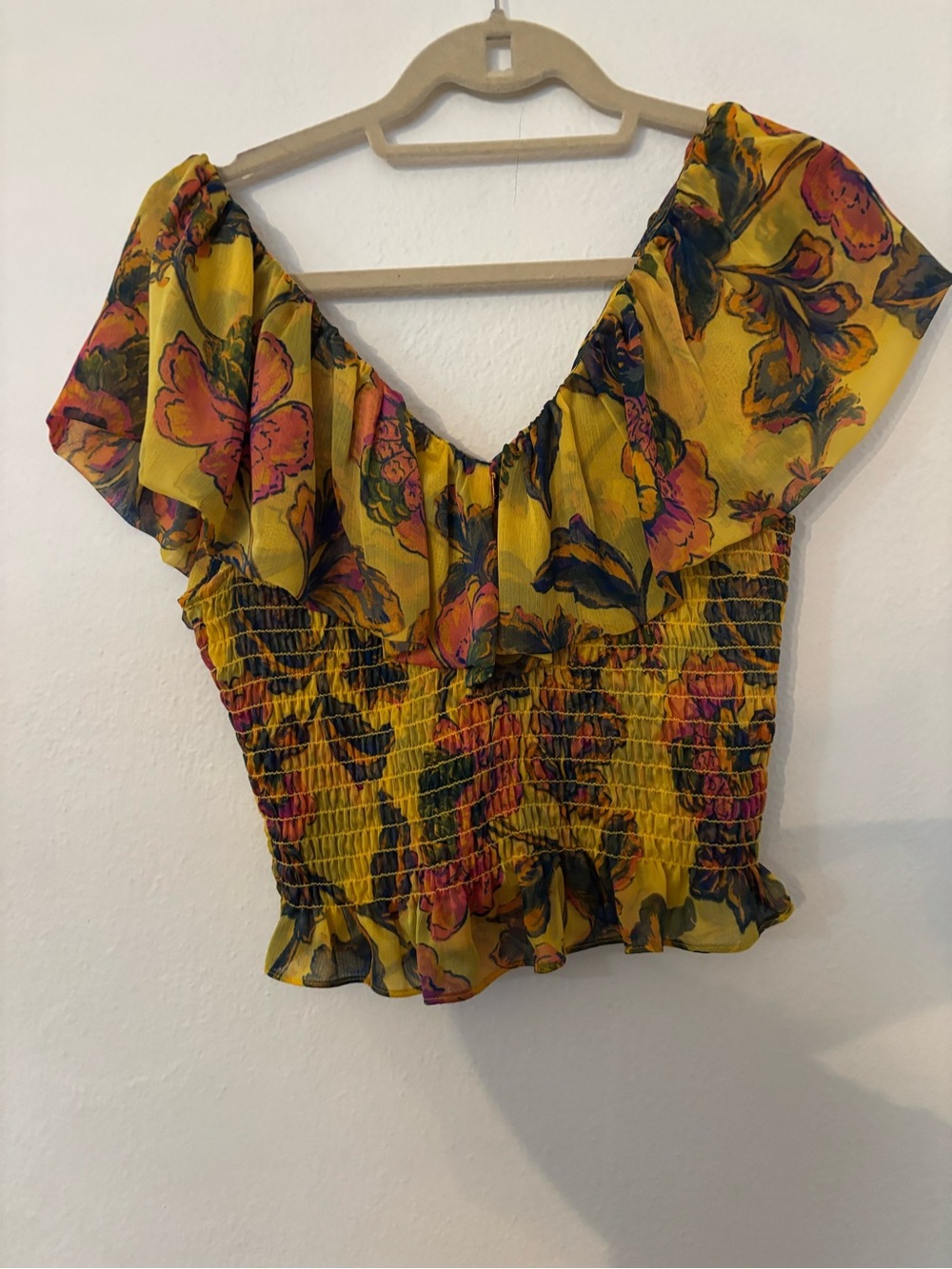 Misa Yellow Floral Smocked Ruffle Crop Top